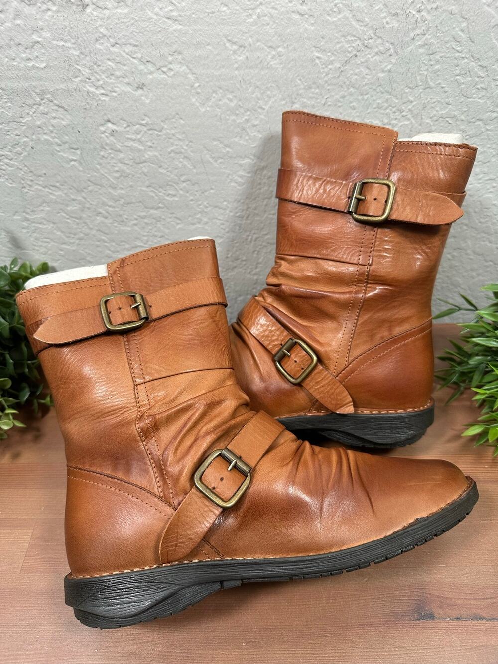 Miz Mooz Women's Pasha Leather Buckled Mid Boots Brandy Size 39 US 8.5-9